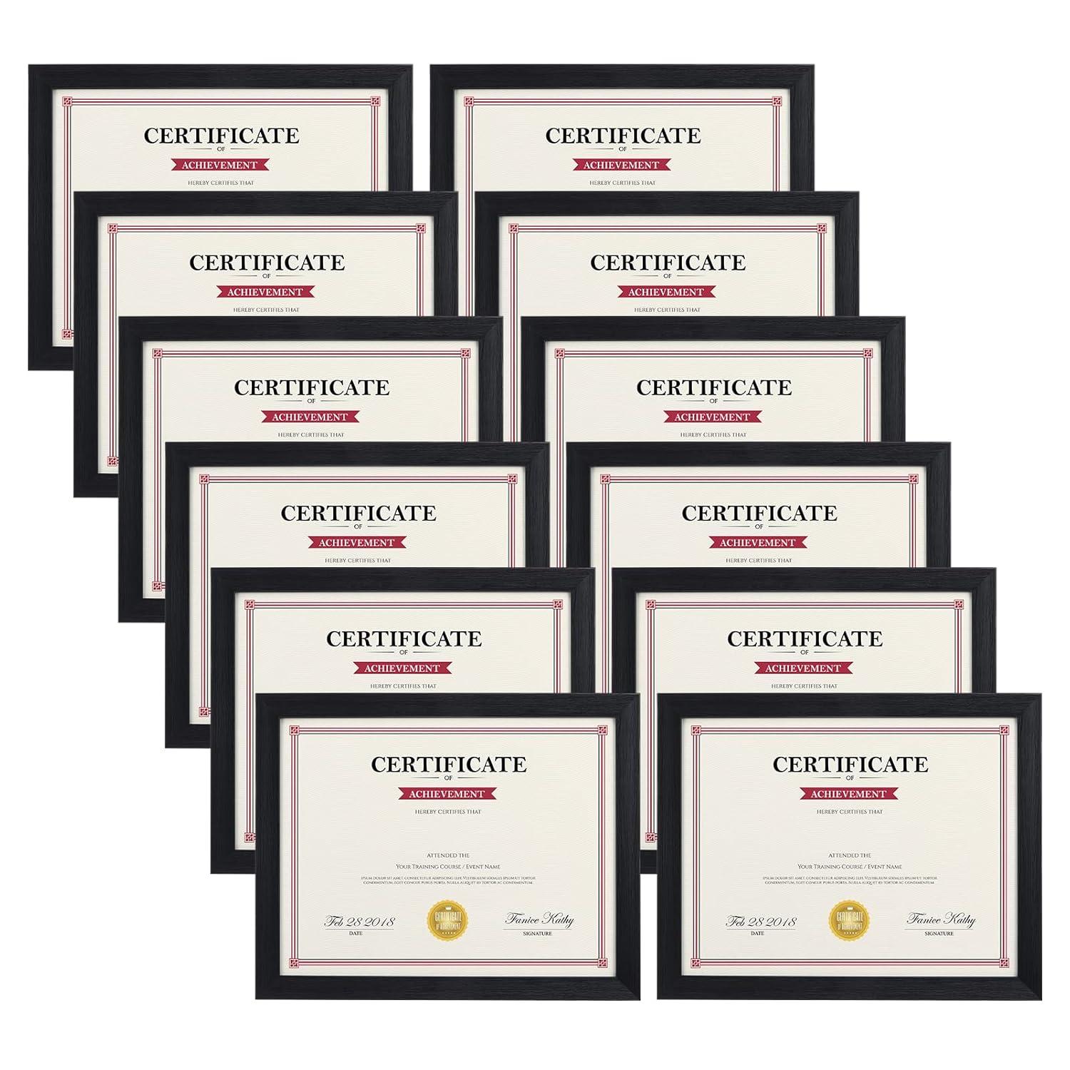 DesignOvation Corporate Document Frame Made to Display Standard Certificates, Black 8.5x11, Set of 12 Ready To Use Horizontally or Vertically