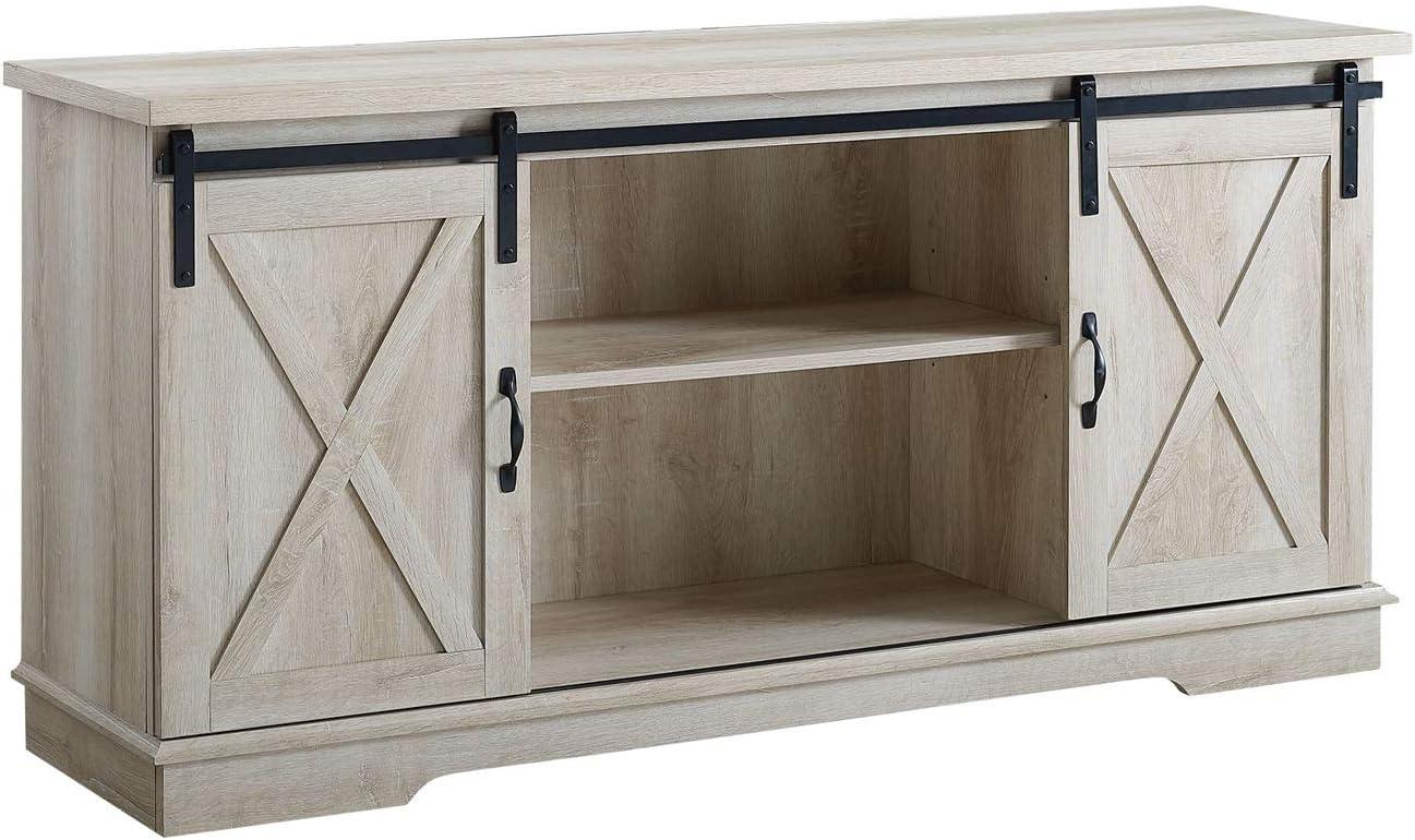 58" Modern Farmhouse Wood TV Stand with Sliding Barn Doors - Solid White Oak