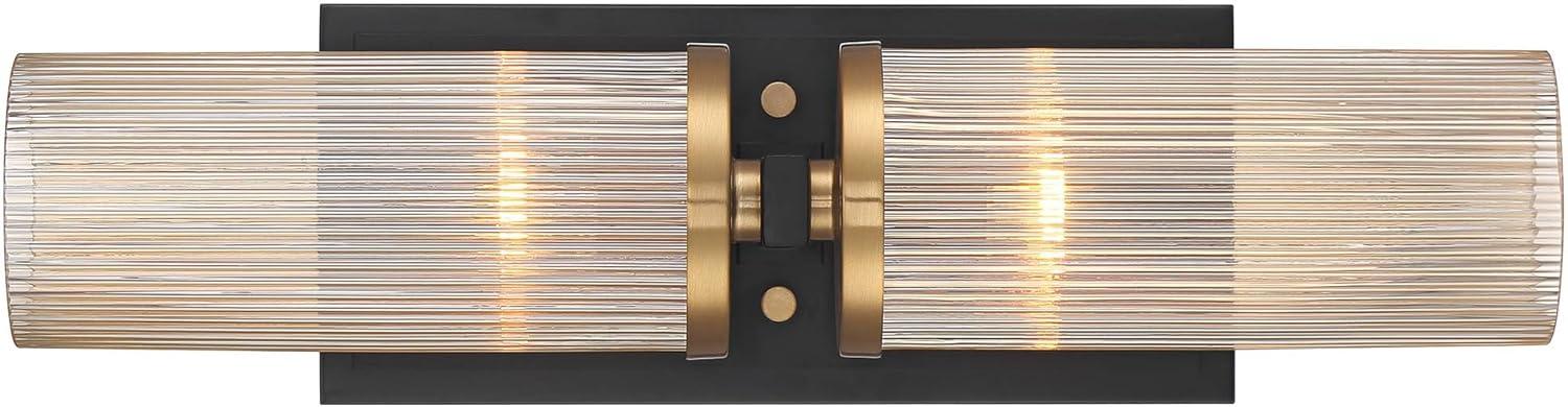 Stiffel Modern Wall Light Sconce Black Brass Hardwired 4 1/4" 2-Light Fixture Ribbed Champagne Glass Shade for Bedroom Bathroom Vanity Living Room