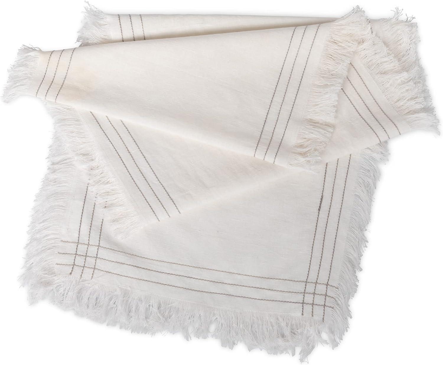 Fringed White Linen and Cotton Table Runner