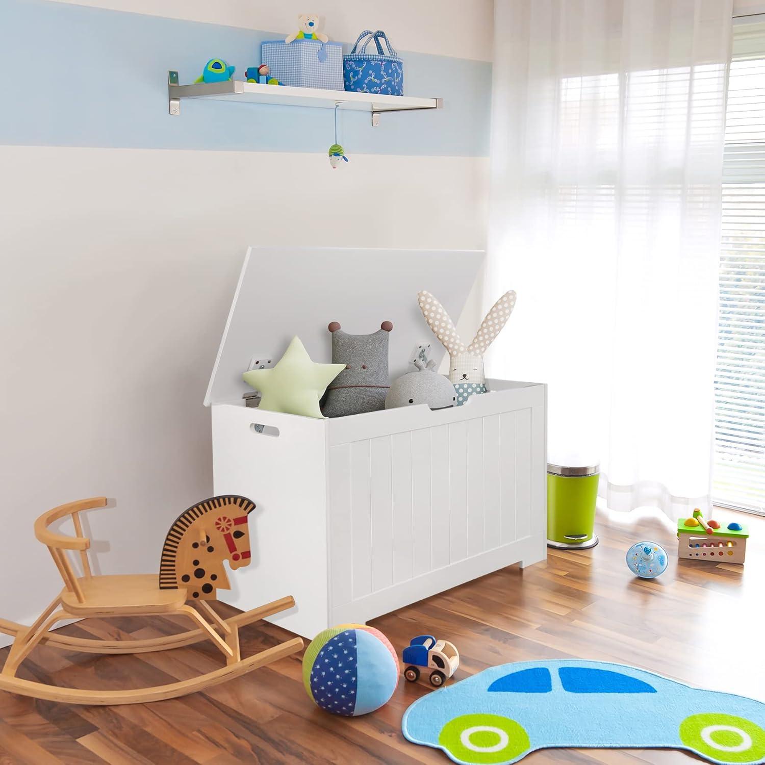 White Wooden Storage Chest with Safety Hinges