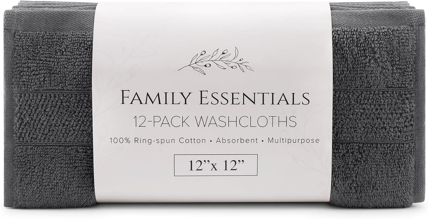 White Classic Luxury 100% Cotton Washcloths Set of 12 - 13x13" Gray