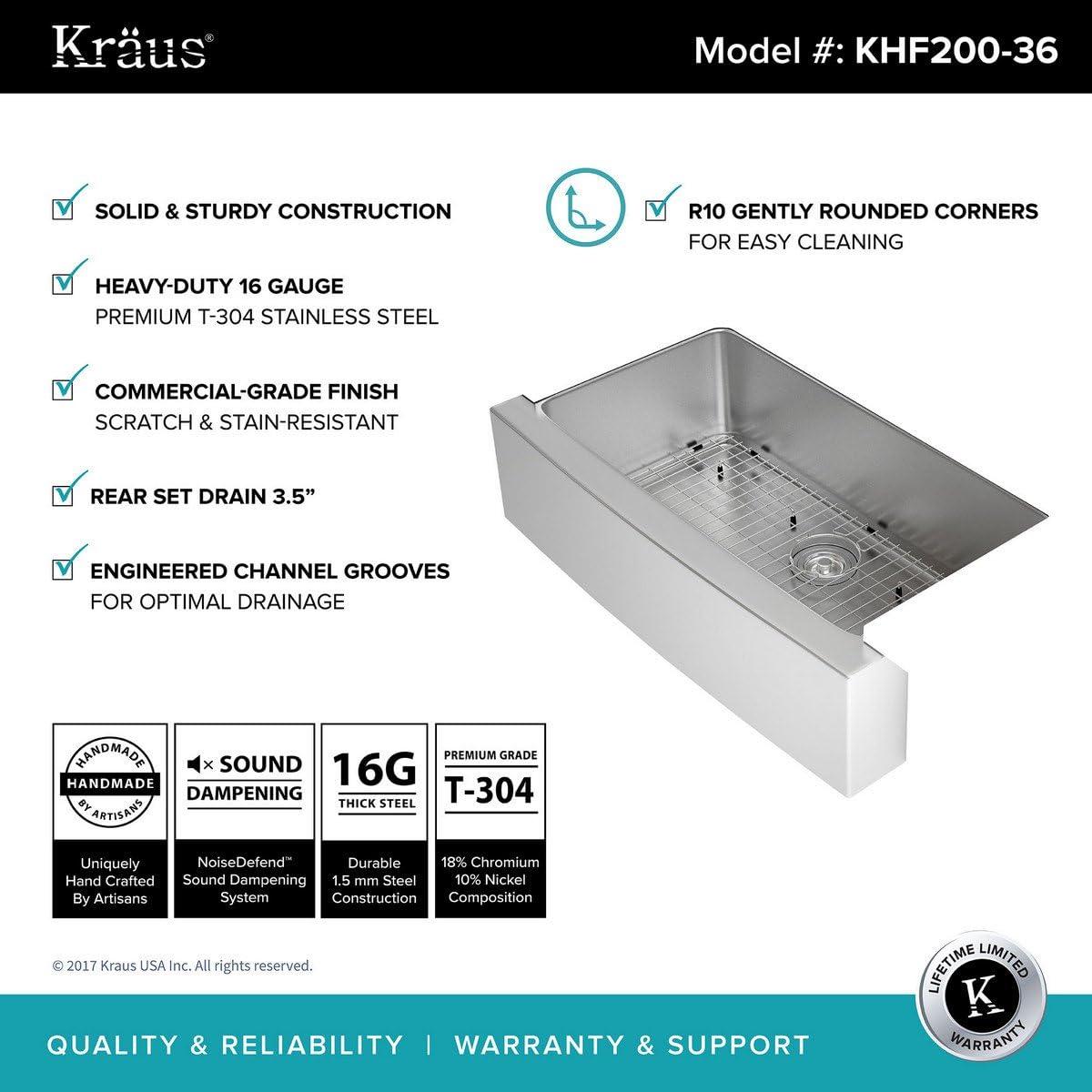 KRAUS Standart Pro Apron Front Farmhouse 16 Gauge Single Bowl Stainless Steel Kitchen Sink