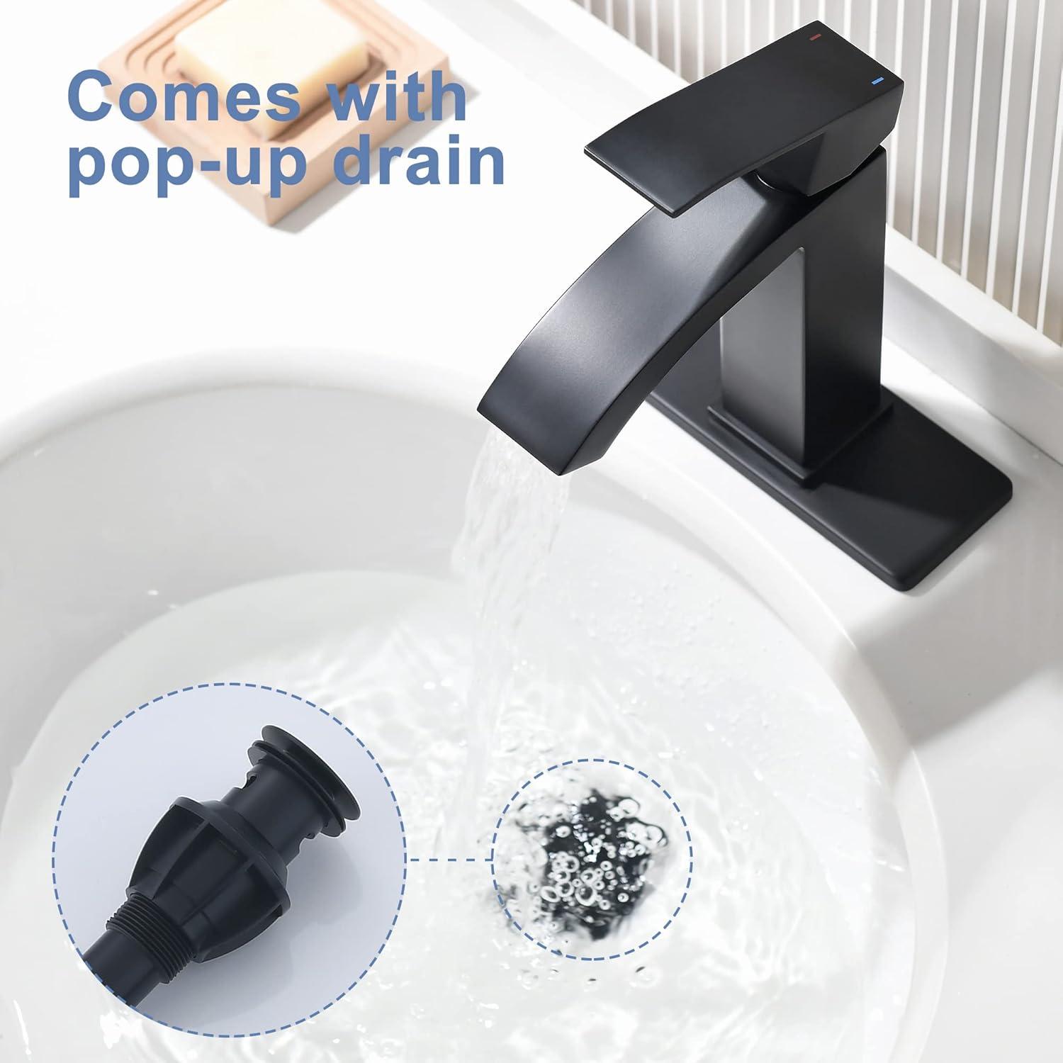 Matte Black Single Handle Waterfall Bathroom Faucet with Pop-Up Drain