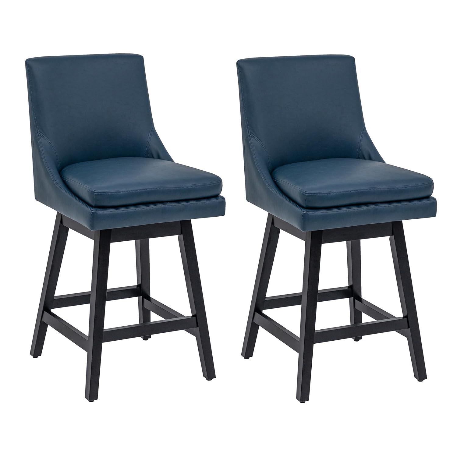 CHITA 26 inch Upholstered Swivel Fabric Counter Bar Stools with Back & Wood Legs Set of 2,Faux Leather in Navy Blue