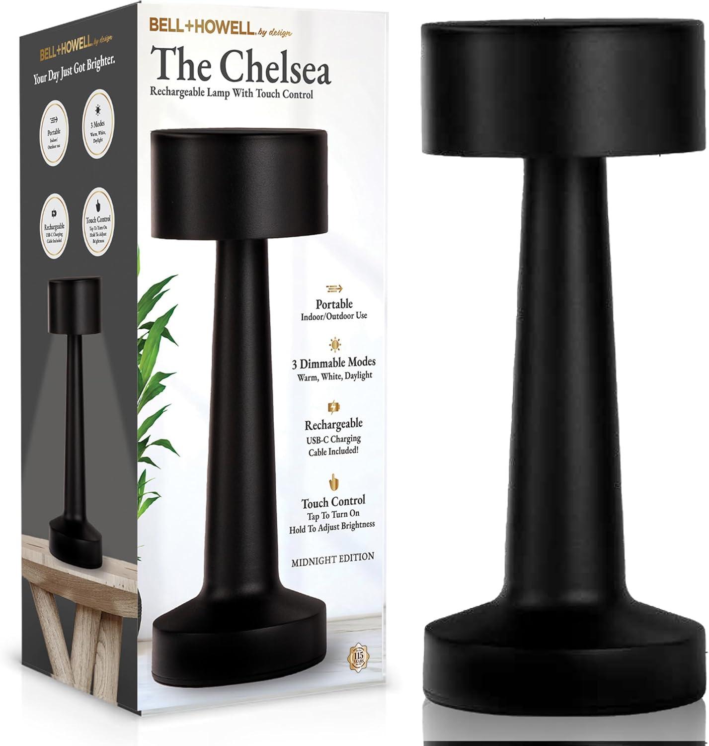 Bell + Howell Chelsea Table Lamp Small Cordless Touch LED Rechargeable Lamp for Bedside Desk Nightstand Midnight Black