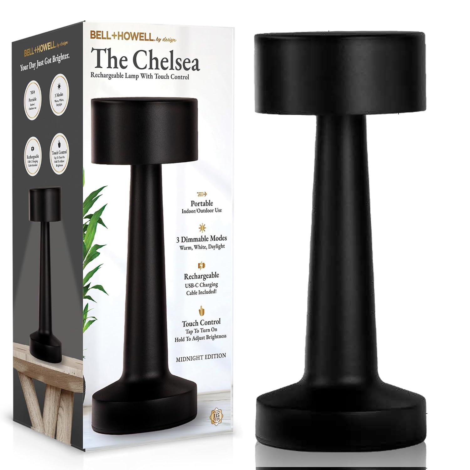Bell + Howell Chelsea Table Lamp Small Cordless Touch LED Rechargeable Lamp for Bedside Desk Nightstand Midnight Black