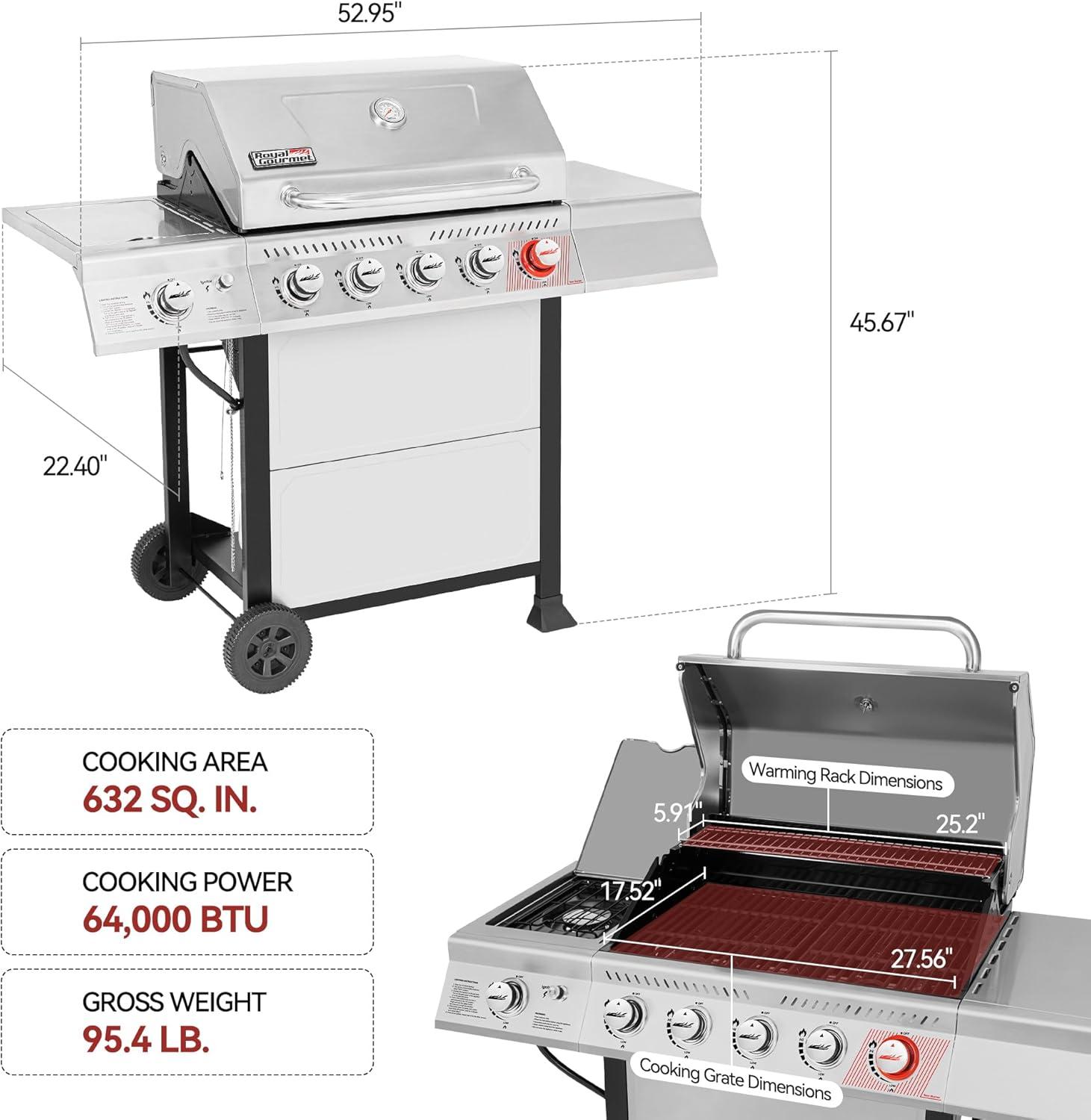 Royal Gourmet Stainless Steel 5-Burner Propane Gas Grill with Side Burner