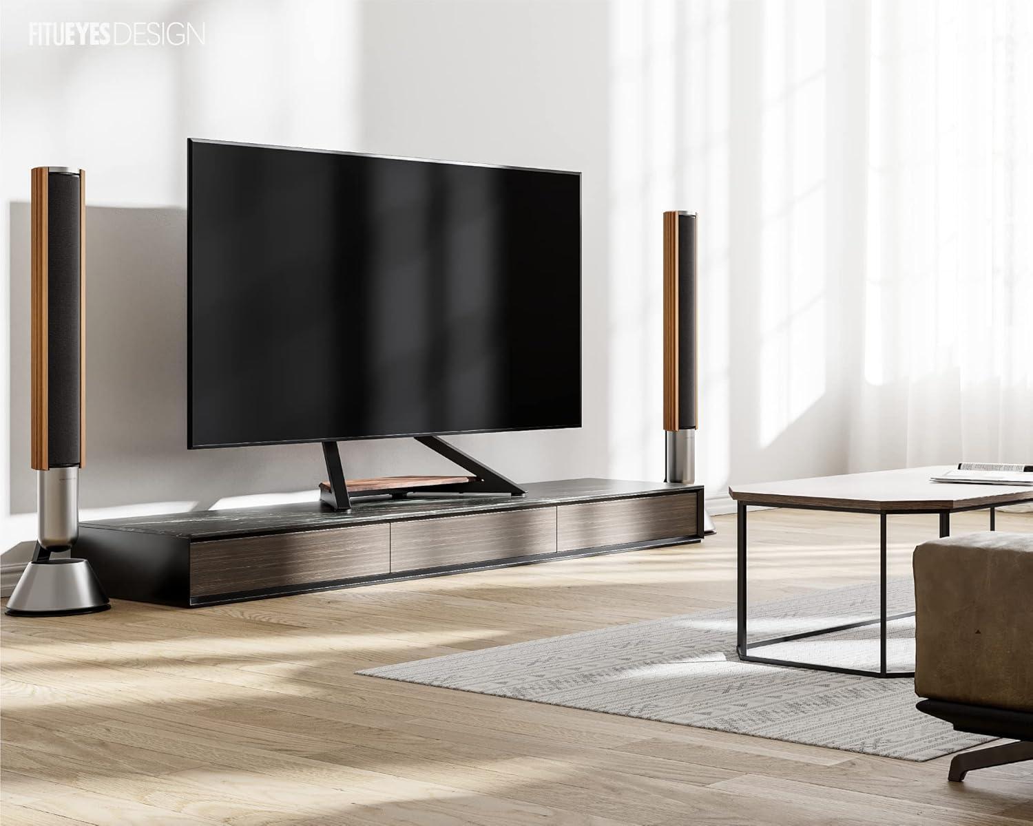 FITUEYES Design Universal Tabletop TV Stand for 55-86 inch TV LCD LED, Modern TV Stand Height Adjustable with Wooden Base, Eiffel Series TV Mount Stand