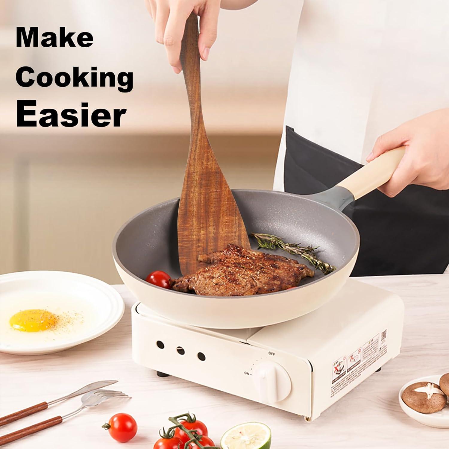 Jilla-hla Wooden Spatula Wooden Turner Acacia Wood,Long Handle Flat Frying Spatula Handmade for Kitchen Cookware (Frying Spatula) C52