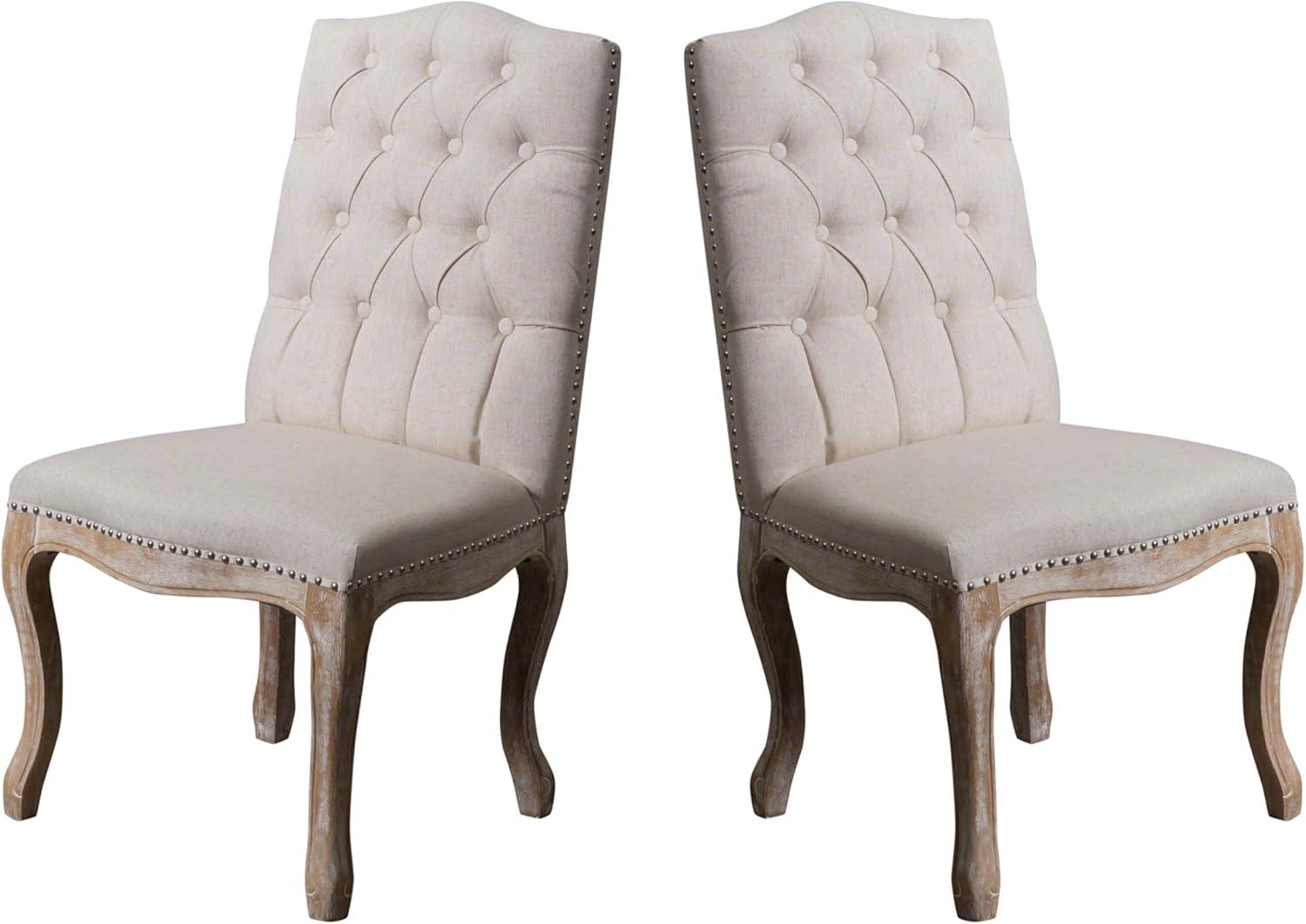 Jolie Beige Linen Tufted Dining Chairs with Birch Frame, Set of 2