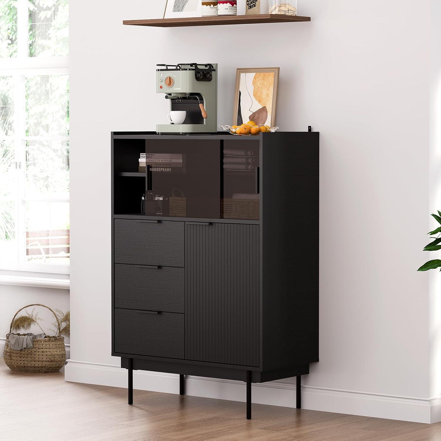 Ebern Designs Ebern Designs Sideboard Anetha, 47" X 31.5" Buffet Anetha With Storage, Black Sideboard With 2 Sliding Doors & 3 Drawers, Wood Coffee Bar Entryway Storage For Living Room