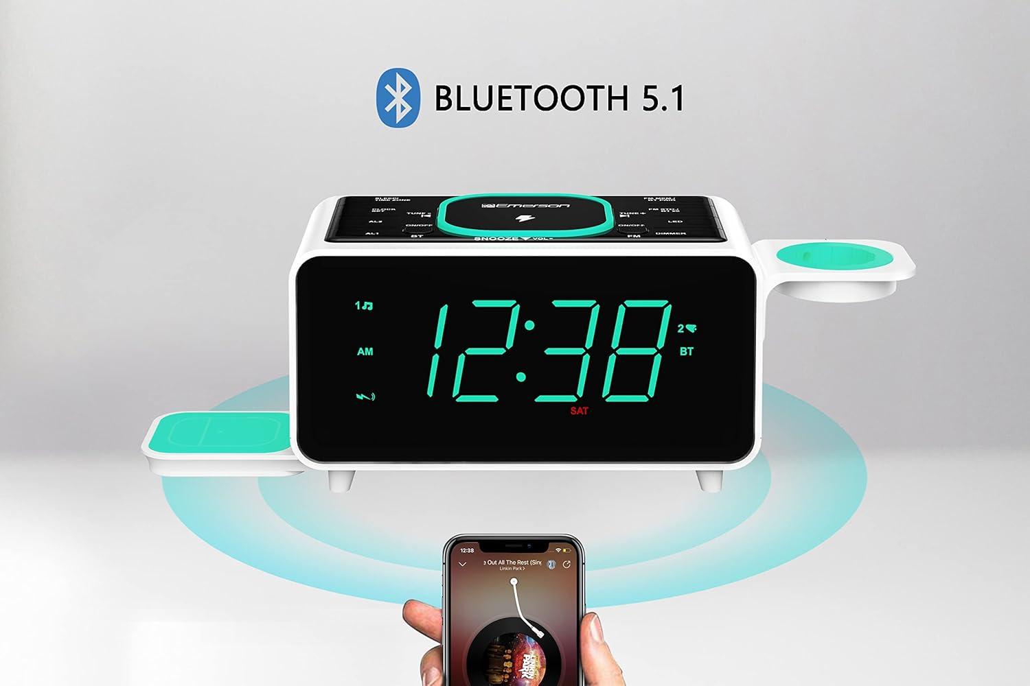 Emerson SmartSet Multiple Wireless Charging, Dual Alarm Clock Radio, Bluetooth Speaker, USB Charger, Cyan Night LED and 1.4” Display, ER100501