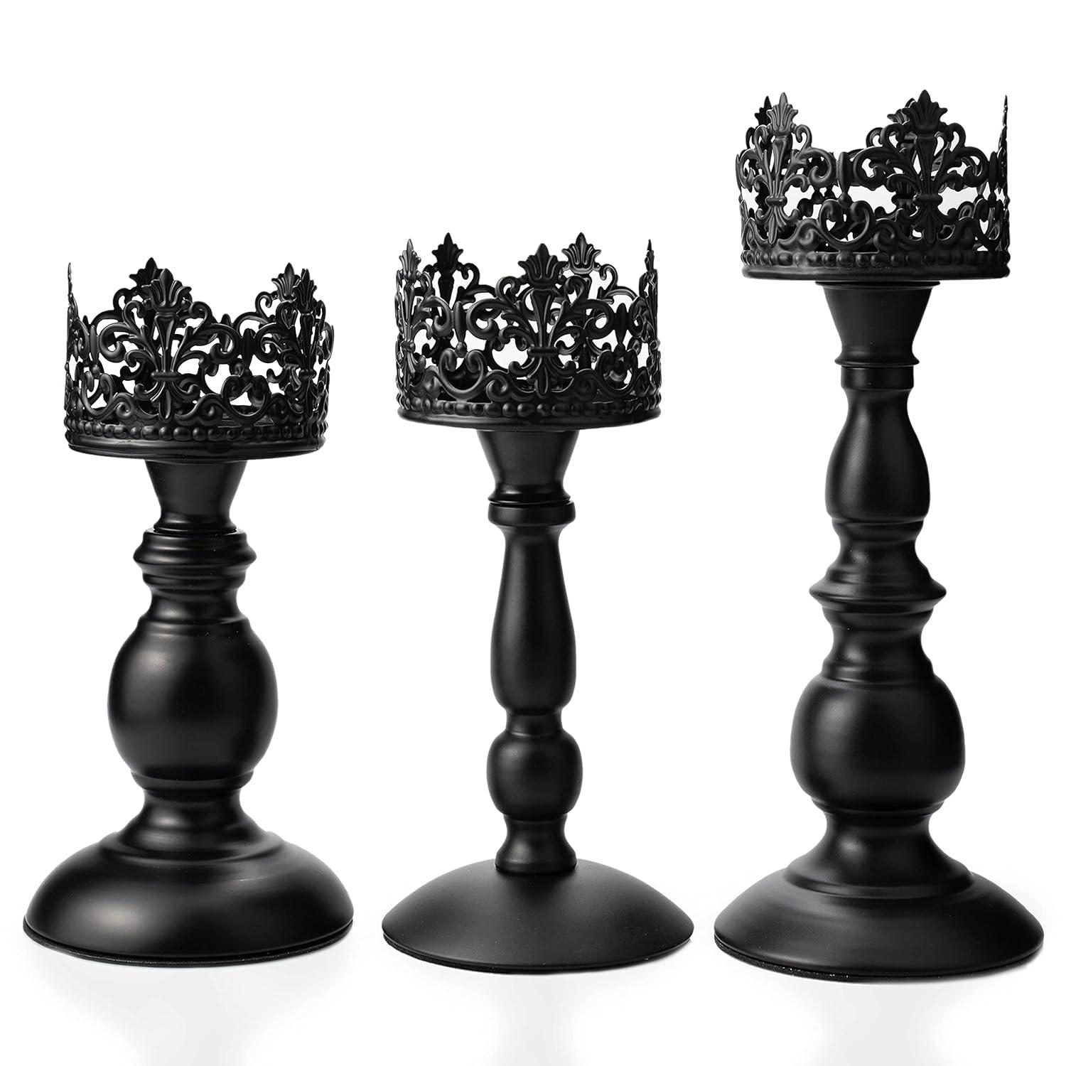 Vintage Pillar Candle Holders for Table Centerpiece Set of 3-11'' 9'' 8'' - Matte Black Metal Candle Stands Decorative - Candle Centerpiece for Table Fireplace Decor - Gothic Candle Holder