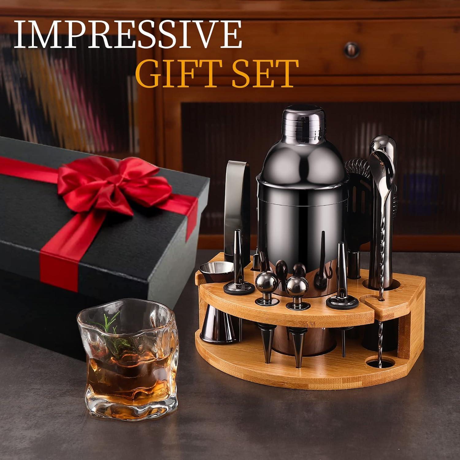 Black Stainless Steel Bartender Kit with Bamboo Stand