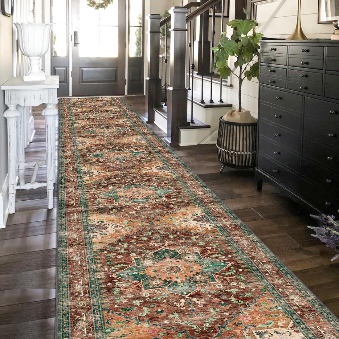 Washable Runner Rug, 2'3" x 14' Non-Slip Boho Vintage Hallway Rug Runner with Rubber Backing, Stain Resistant & Low Pile Faux Wool Distressed Carpet Runner for Bedroom, Kitchen, Laundry, Entrance