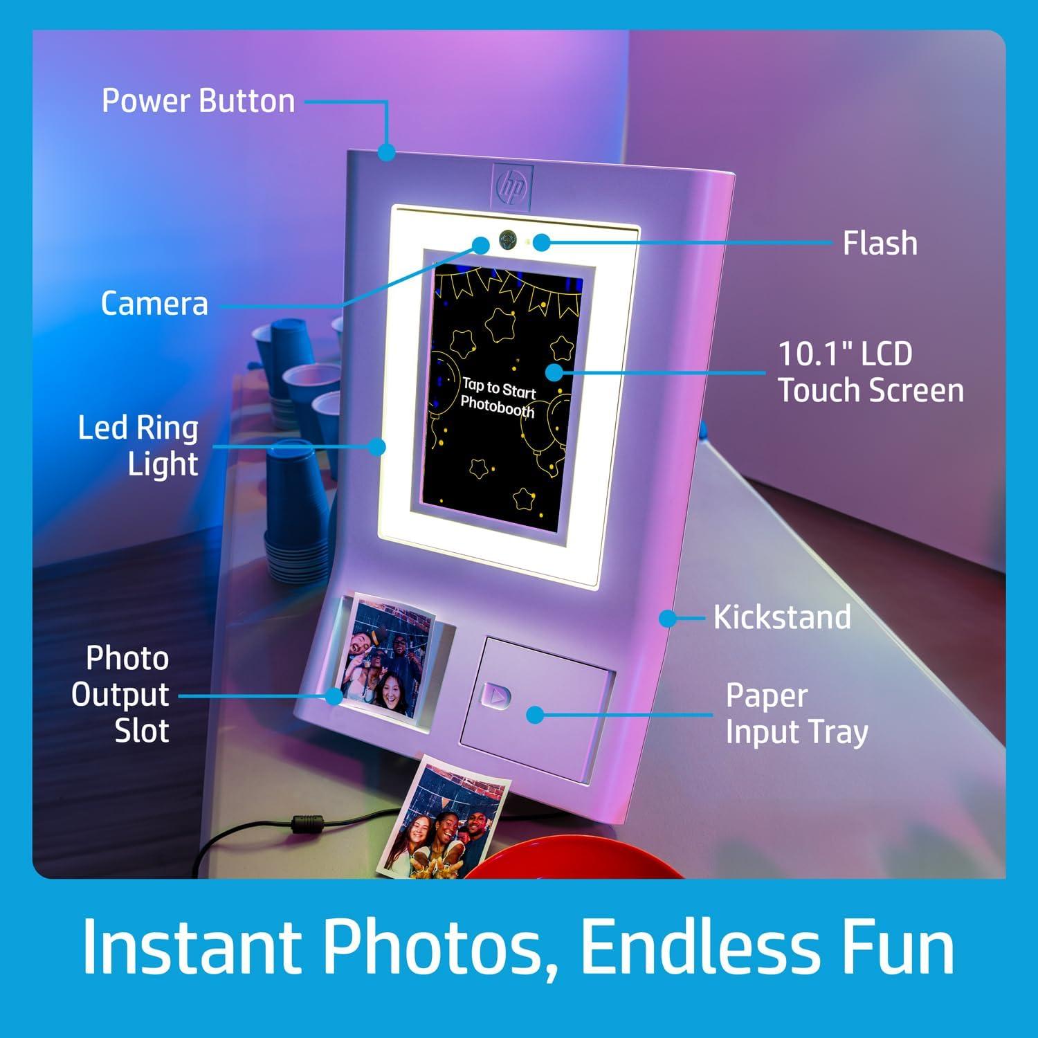 HP Sprocket Photobooth 3" x 4" Color Photo Printer with Touch Screen, LED Ring Light, Wi-Fi & More! - White