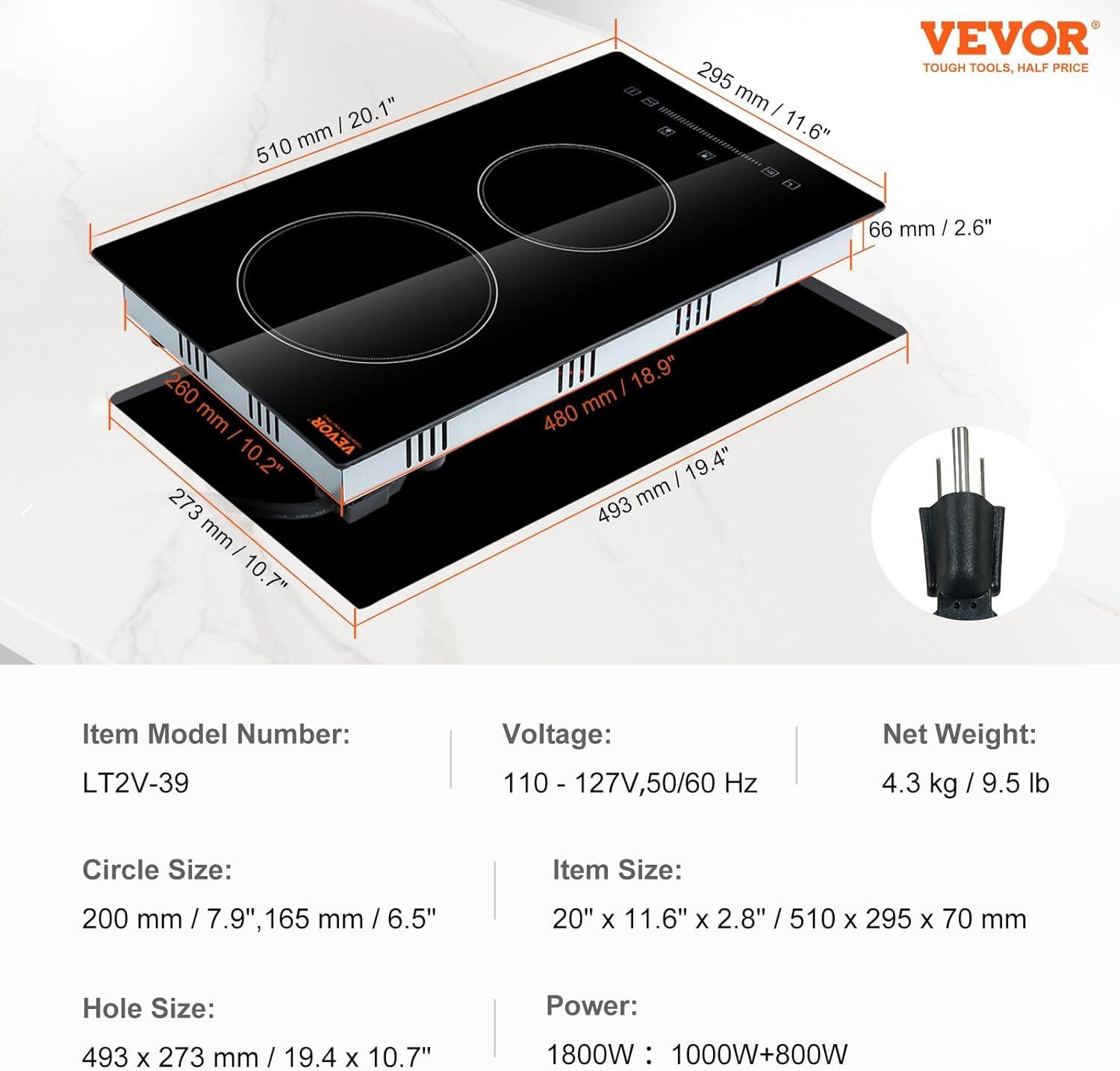 VEVOR 20" Black Electric 2 Burner Cooktop with Dual Size Power Burner