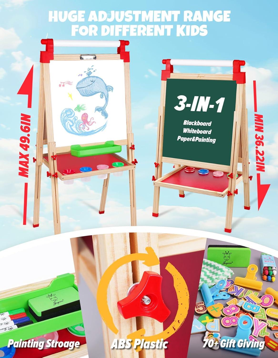 Joyooss Kids Wooden Art Easel with Paper Roll,Double Sided Whiteboard & Chalkboard Children Easel,Adjustable Height