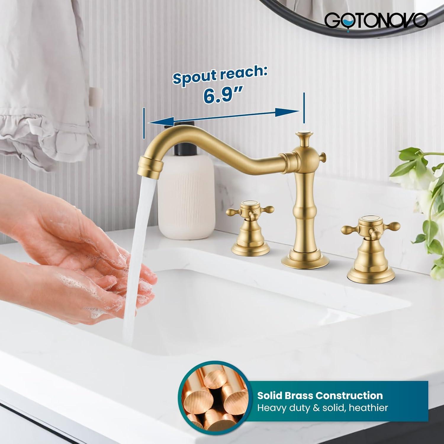 gotonovo Bathroom Faucet 3 Hole 8 Inch Widespread Bathroom Sink Faucet 2 Cross Handles Vintage Lavatory Vanity Mixer Tap with Pop Up Drain, H C Label, Antique Brass
