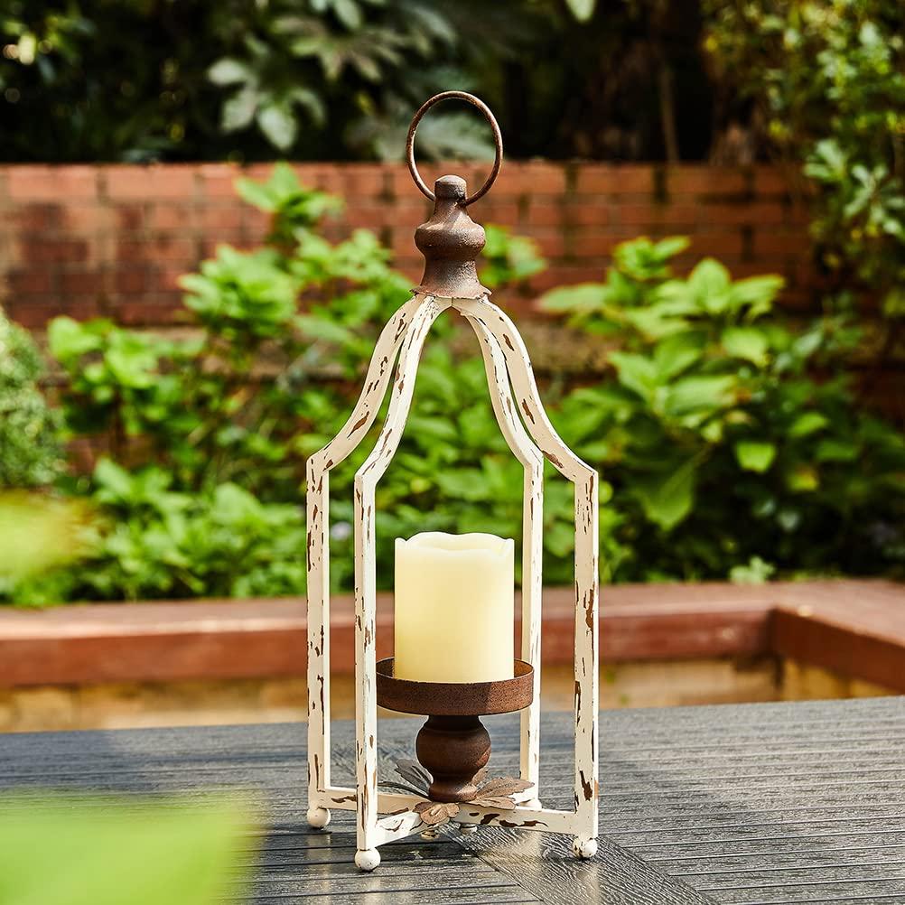 Glitzhome Farmhouse Rustic Metal Lanterns Hanging Candle Holder White-S