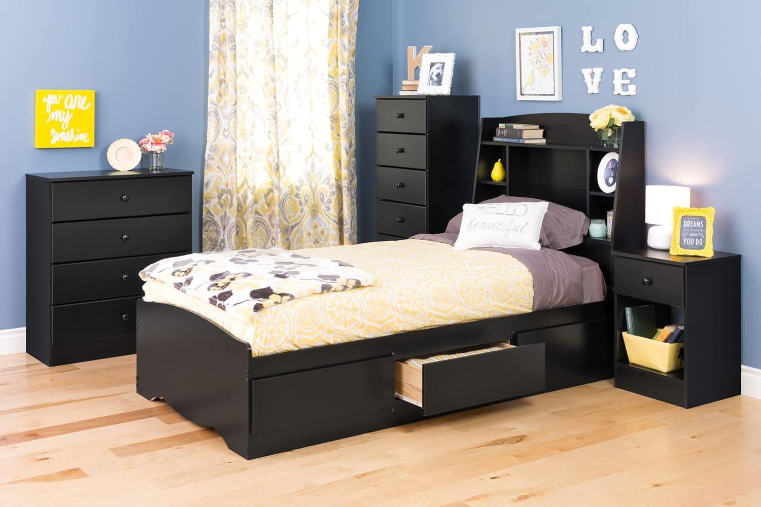 Sleek Deep Black Tall Dresser with Crystal Knobs and Spacious Drawers