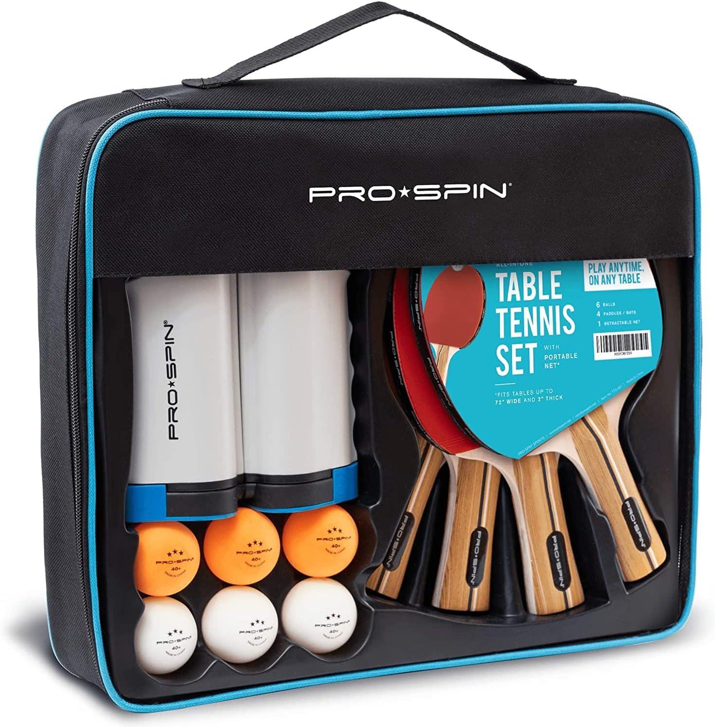 PRO-SPIN All-in-One Portable Ping Pong Set with Retractable Net, High-Performance Ping Pong Paddles, 4-Player Set, Indoor & Outdoor Game