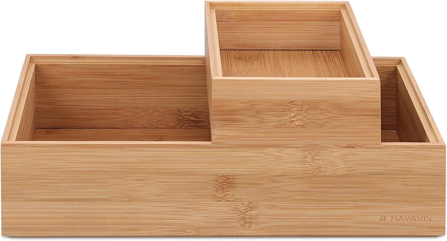 Navaris Bamboo Storage Boxes - Set of 2 Wood Stackable Box Organizers for Bedroom, Kitchen, Bathroom, Living Room, Makeup, Jewelry, Accessories