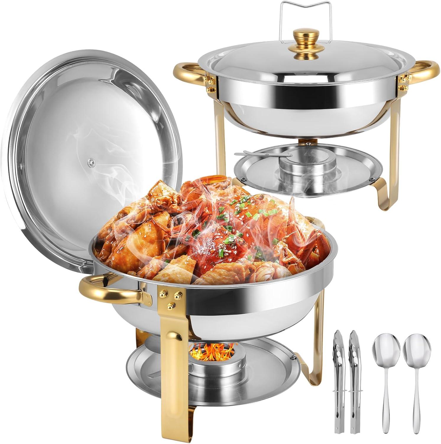 WhizMax Chafing Dish Buffet Set 2 Pack 5QT, Stainless Steel Round Chafing Dishes for Buffet with Lid Holder & Glass Lid, Gold
