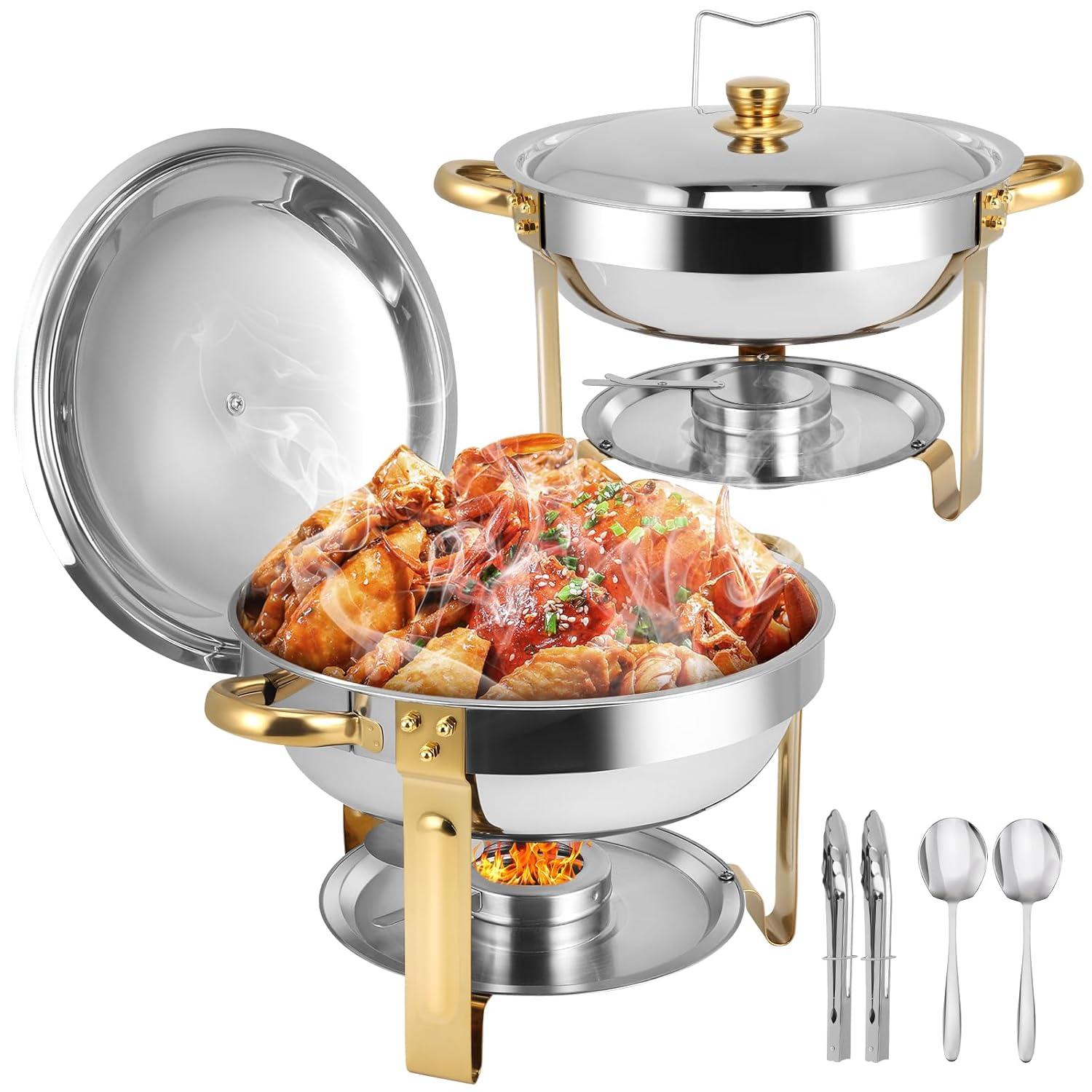 WhizMax Chafing Dish Buffet Set 2 Pack 5QT, Stainless Steel Round Chafing Dishes for Buffet with Lid Holder & Glass Lid, Gold