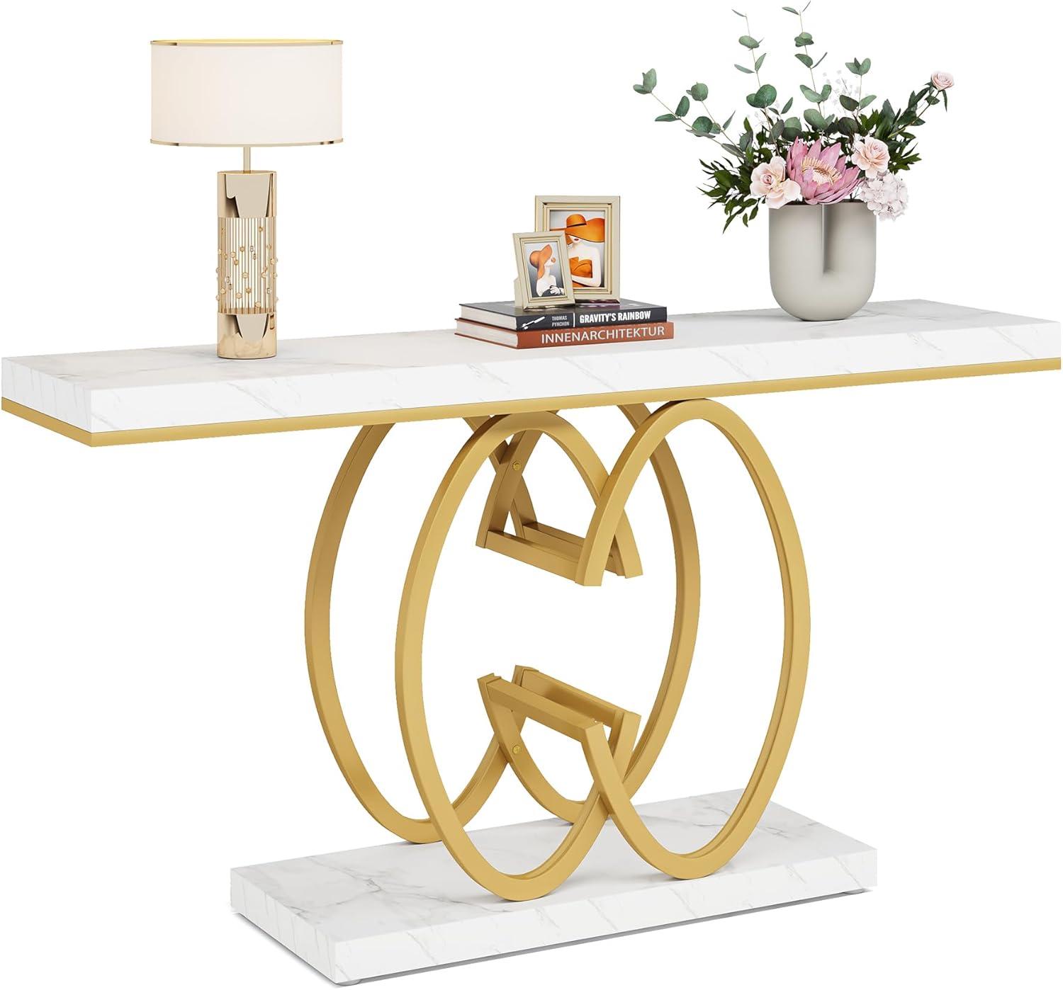 55 Inch Faux Marble Console Table Gold Sofa Table for Entryway White & Gold