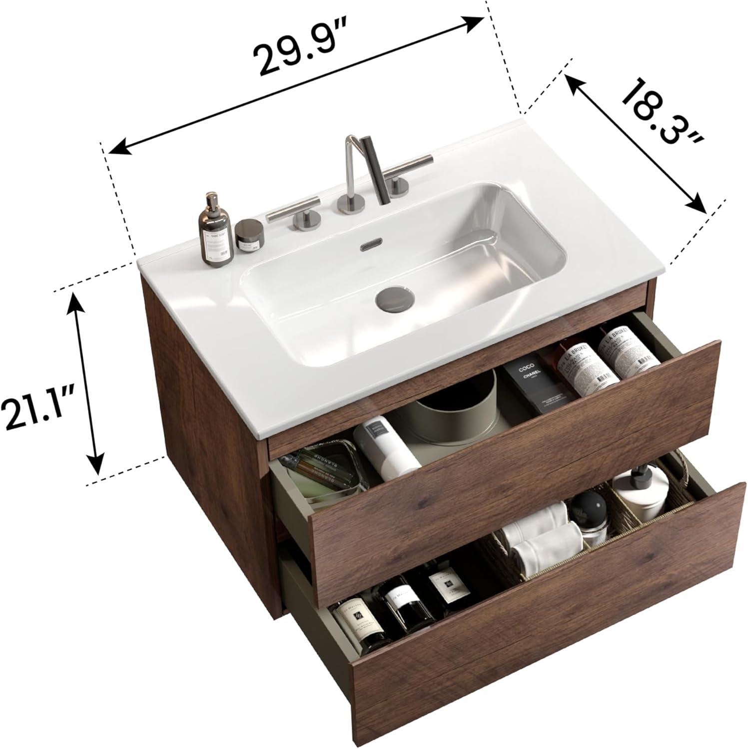 CITTANEO 24" Floating Modern Bathroom Vanity with 3-Hole Ceramic Sink in Walnut