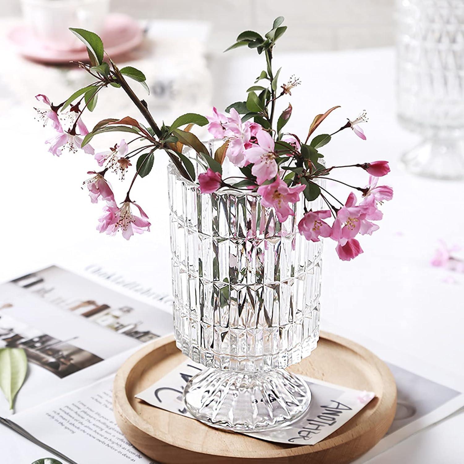 7 Inch Modern Glass Vase with Embossed Ribbed Base - Clear Hydroponic Design for Home Decor, Weddings Party Living Room, Dining Table Floral Arrangement Centerpiece