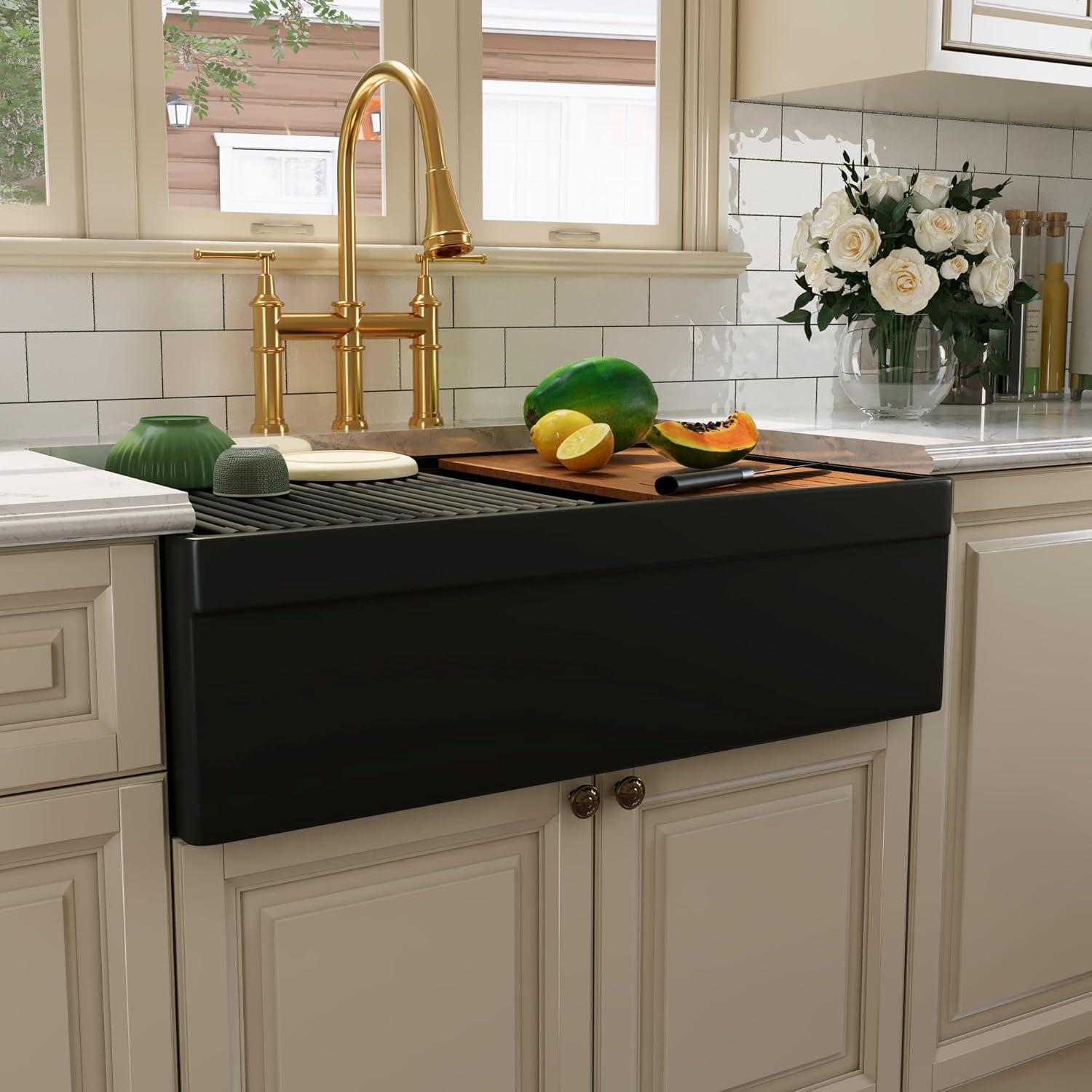 33"L x 20"W Farmhouse Kitchen Sink Deep Single Bowl Fireclay Workstation Sink with Cutting Board and Dish Drying Rack