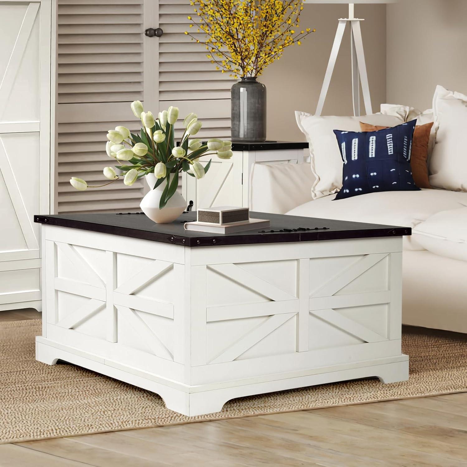 White and Black Square Wood Lift-Top Coffee Table with Storage