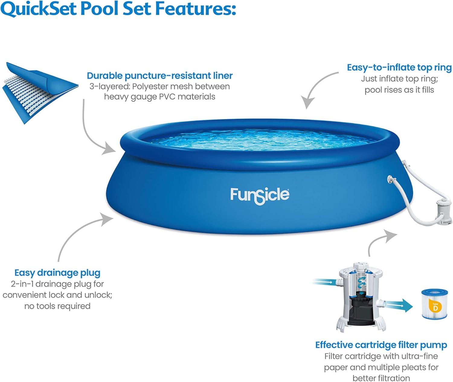 Funsicle 15 Foot x 36 Inch QuickSet Round Inflatable Ring Top Above Ground Swimming Pool Set with Filter Pump and Type D Cartridge Filter, Blue