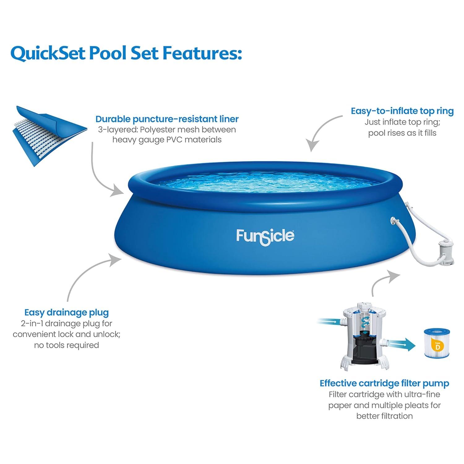 Funsicle 15 Foot x 36 Inch QuickSet Round Inflatable Ring Top Above Ground Swimming Pool Set with Filter Pump and Type D Cartridge Filter, Blue