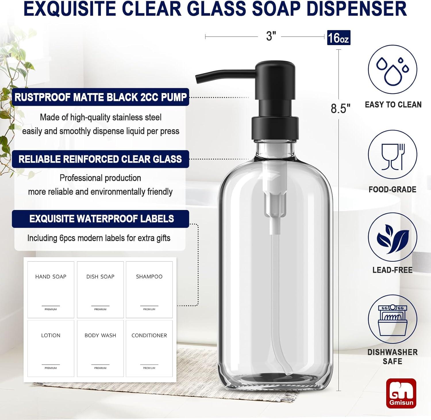 GM GMISUN Glass Soap Dispenser, Clear Hand and Dish Soap Dispenser Set with Labels - 2 Pack