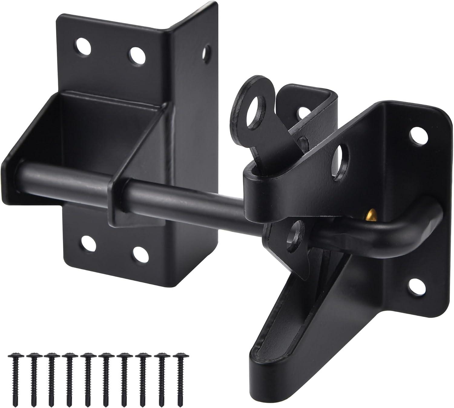 Post Mount Gate Latch for Wooden Fence - Heavy Duty Self Locking Gate Latch Hardware for Pool/Garden Gate Safety Latch, Automatic Fingertip Release Latches for Vinyl/Wood Fence, Black Finish