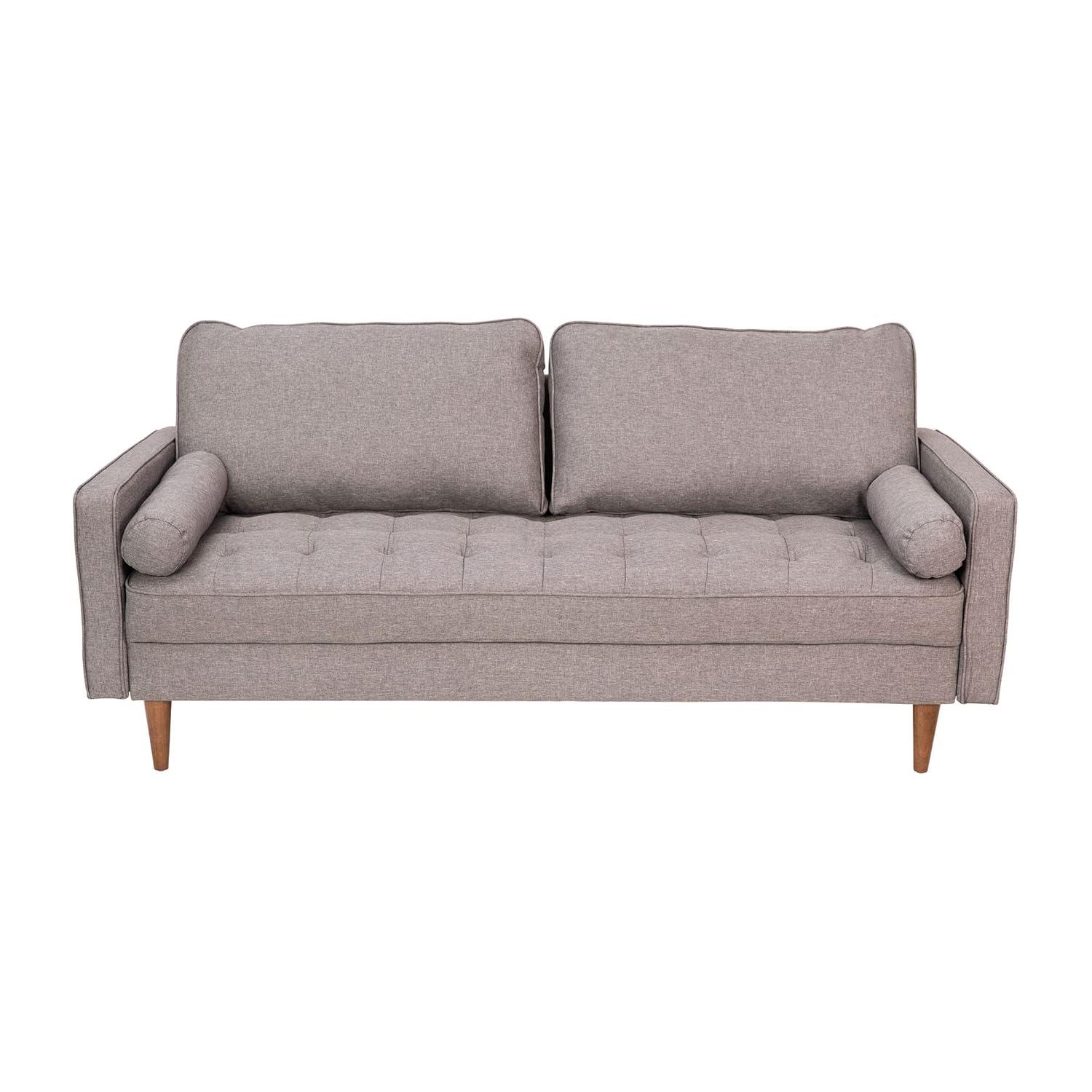 Flash Furniture Hudson Mid-Century Modern Sofa with Tufted Faux Linen Upholstery & Solid Wood Legs in Slate Gray