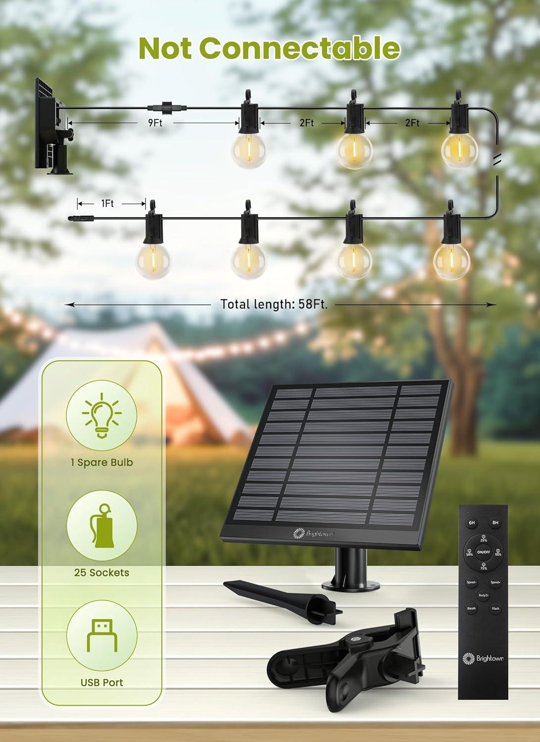 29Feet Solar String Lights Outdoor G40 Patio Lights with 25 LED Shatterproof Bulbs, 4 Light Modes, Weatherproof Hanging Lights for Backyard Bistro Pergola Party Decor, E12 Base, 2700K, Black