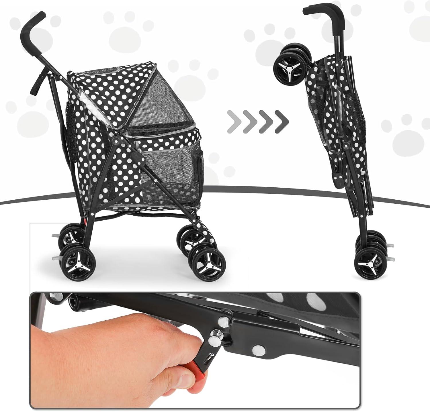 MoNiBloom 4 Wheel Foldable Lightweight Pet Trolley for Cats & Dogs, Black with White Polka Dots