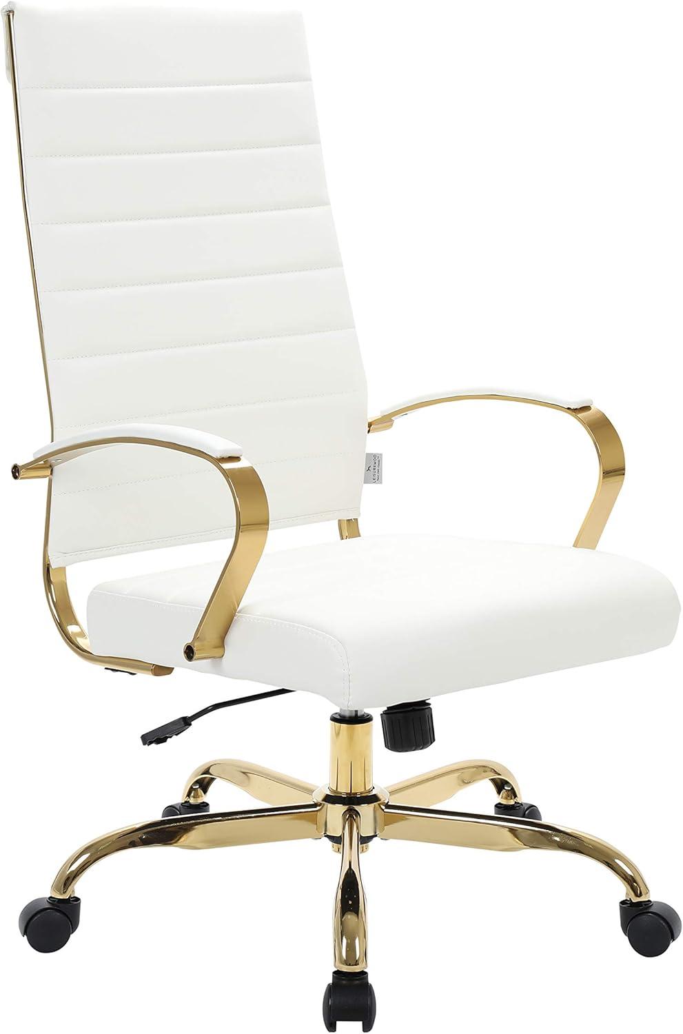 Mid-Century High-Back Swivel Office Chair in White Leather