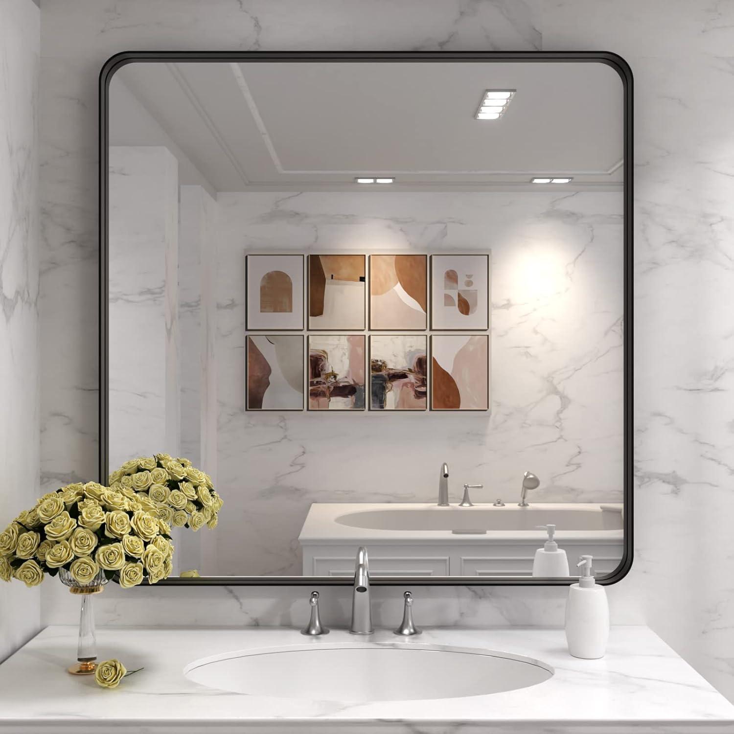 LOAAO 36X36 Inch Black Metal Framed Bathroom Mirror for Wall, Matte Black Bathroom Vanity Mirror Farmhouse, Anti-Rust, Tempered Glass, Hangs Horizontally or Vertically