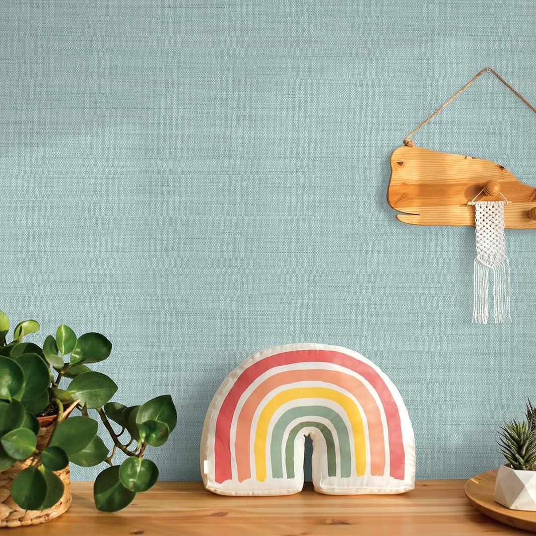 Tempaper & Co.® Faux Horizontal Grasscloth Removable Peel and Stick Wallpaper, Textured Seaglass, 28 sq. ft.: Vinyl, Prepasted