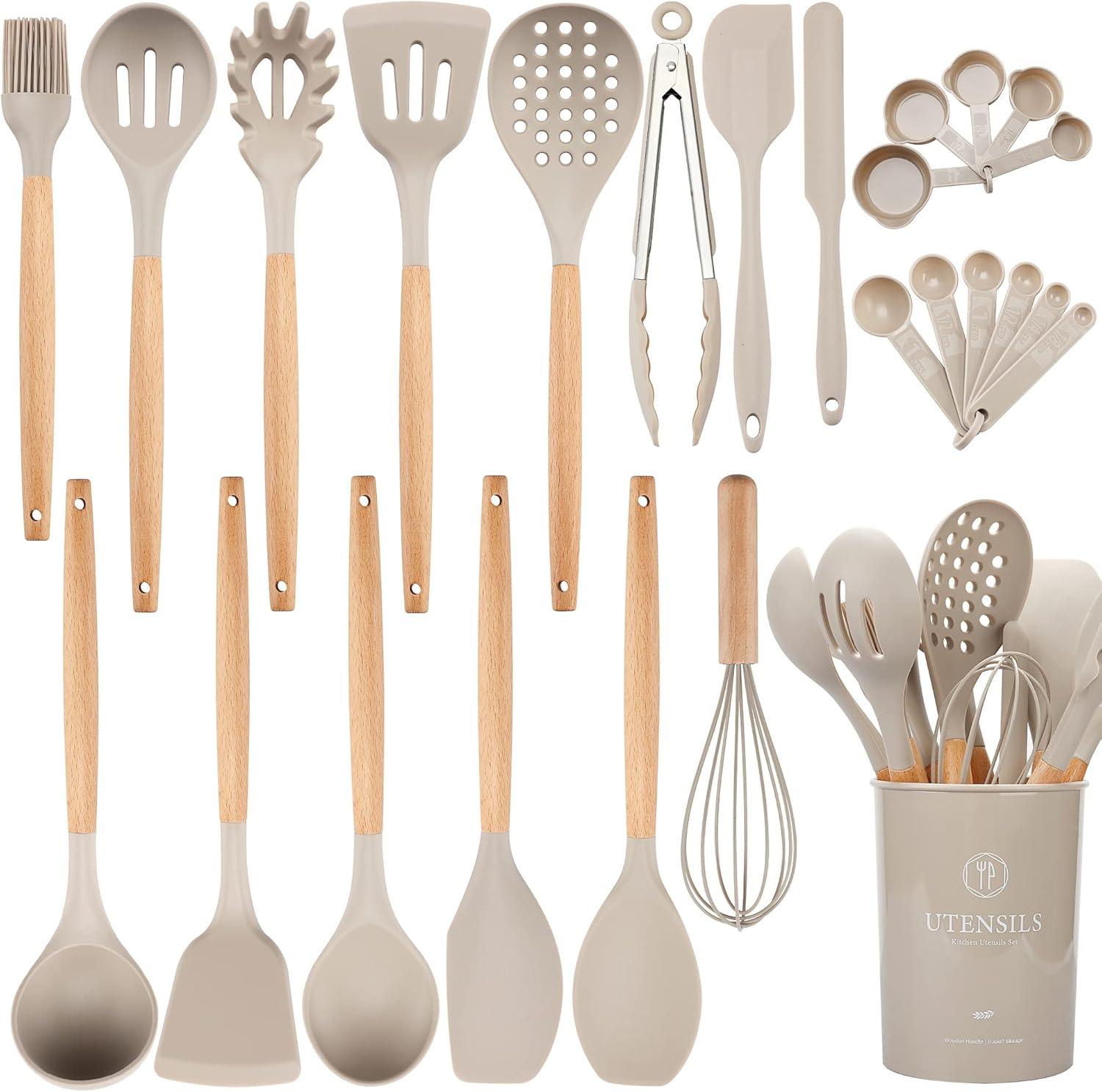 26-Piece Khaki Silicone and Wood Kitchen Utensils Set with Holder