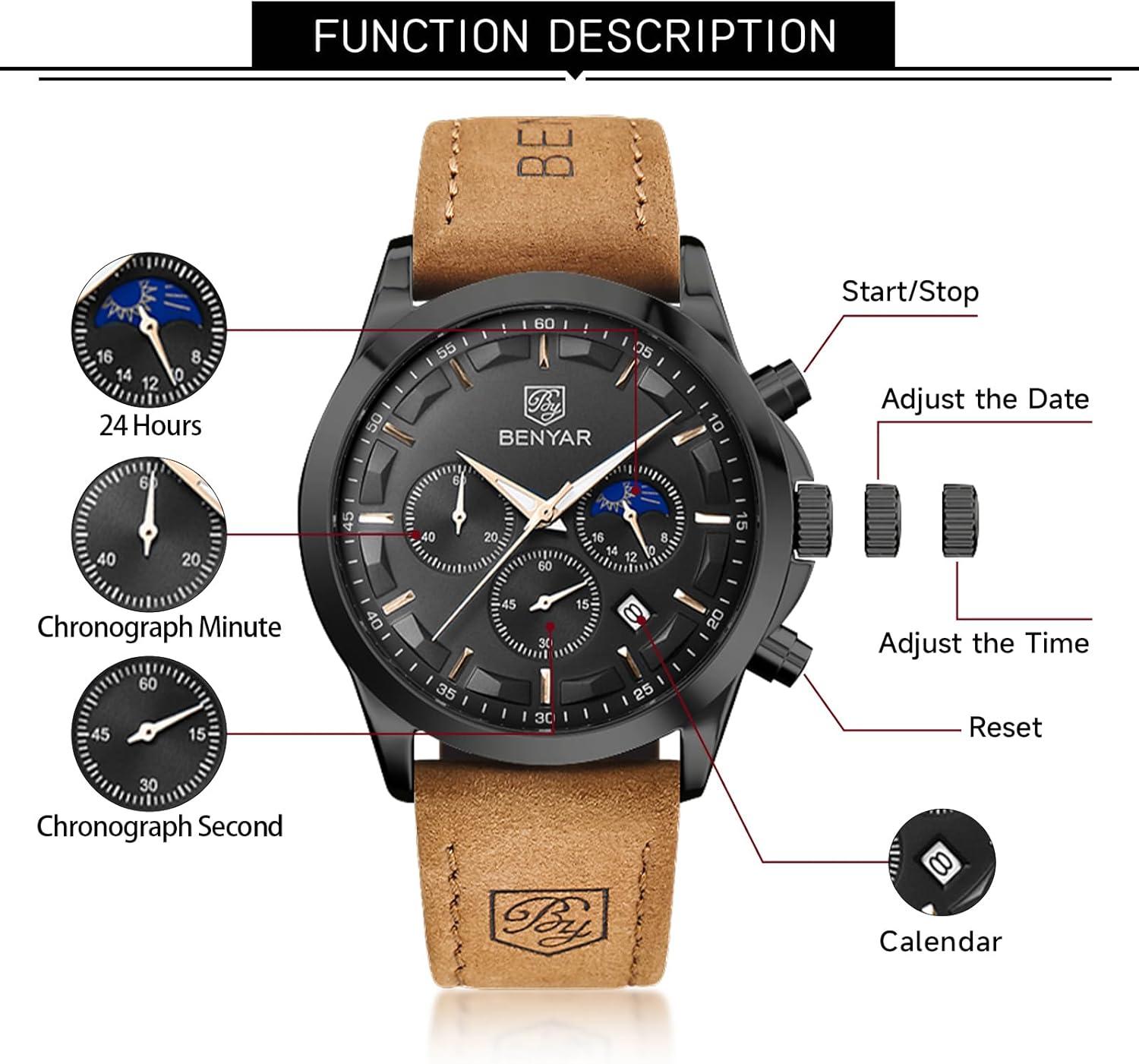 BY BENYAR Mens Watches Analog Quartz Chronograph Waterproof Wrist Watches for Men Fashion Business Work Casual Sport Designer Dress Watch with Calendar Elegant Gifts for Men