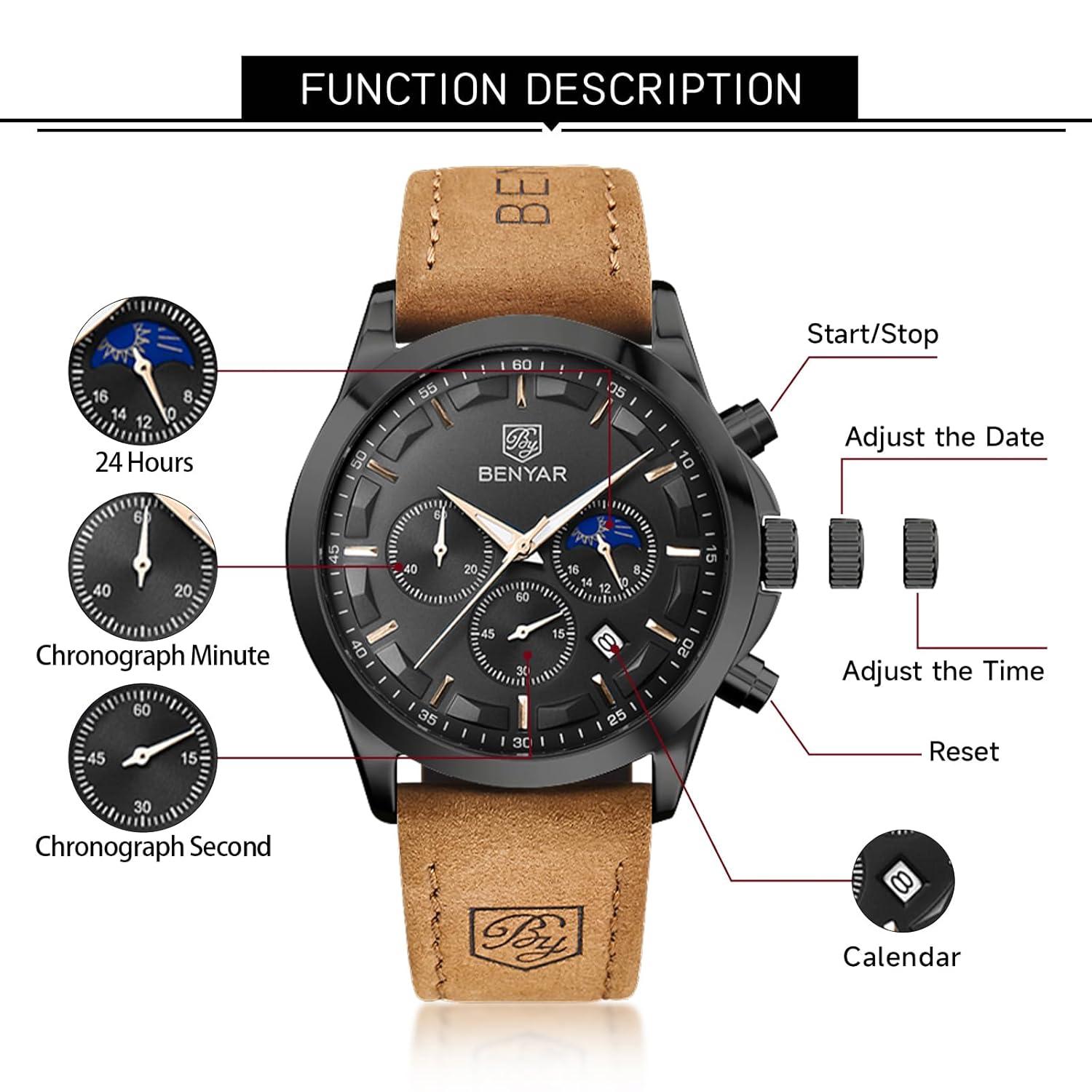 BY BENYAR Mens Watches Analog Quartz Chronograph Waterproof Wrist Watches for Men Fashion Business Work Casual Sport Designer Dress Watch with Calendar Elegant Gifts for Men