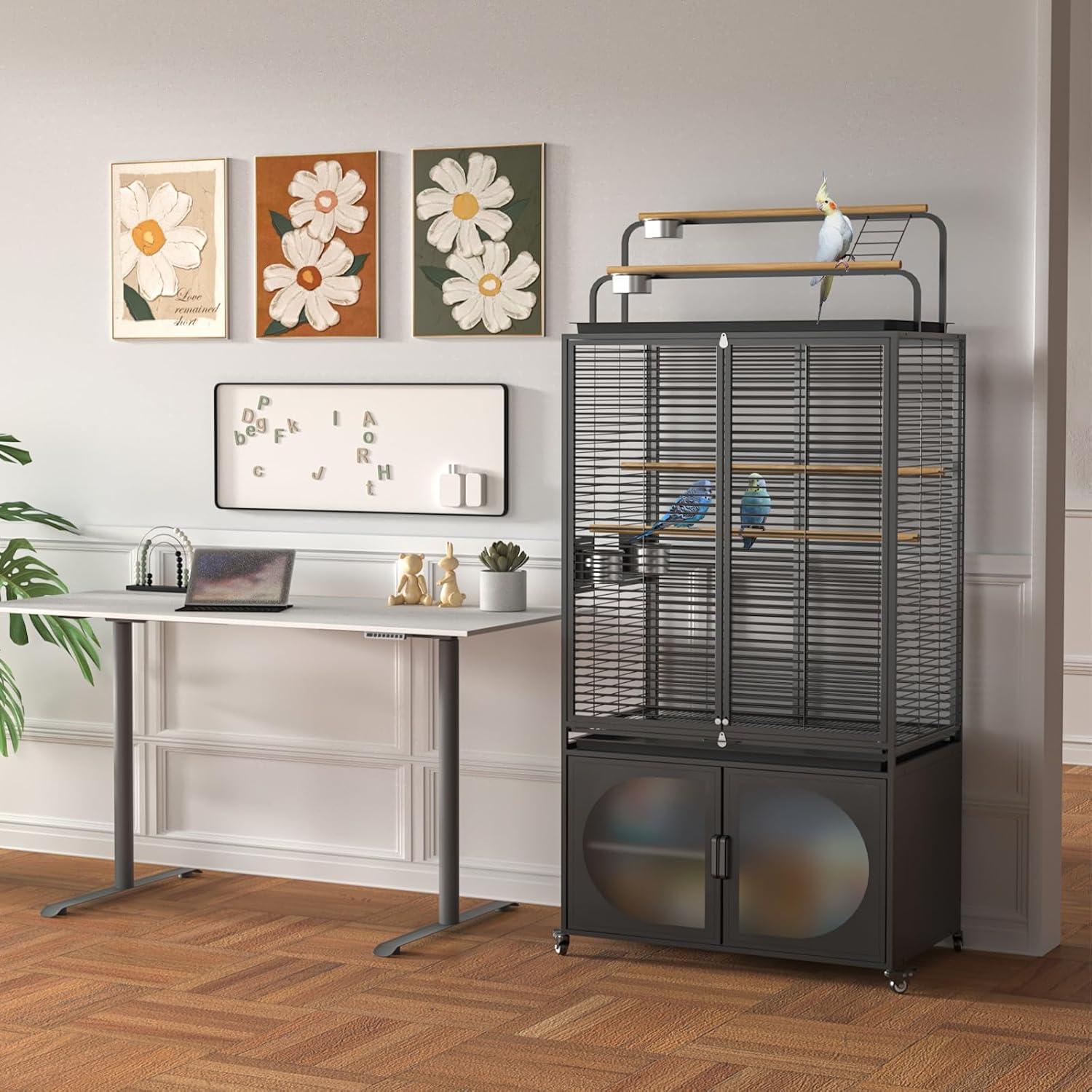 GDLF 72-Inch Bird Cage With Play Top and Rolling Storage Cabinet Extra Large With Cover for Parrot, Parakeet, Cockatiel, Budgie , Parrotlet, Green Cheek Conure