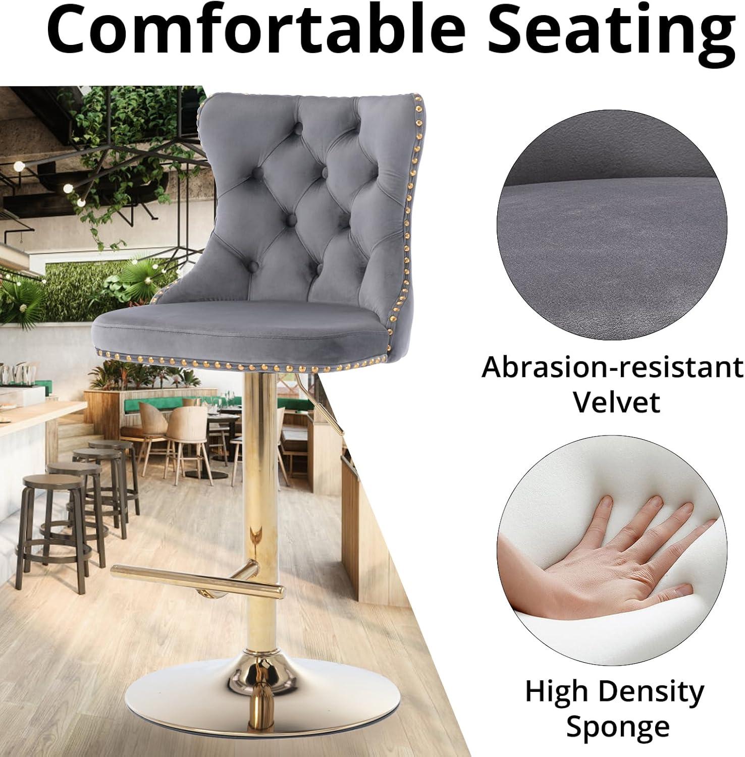 Sesslife Swivel Bar Stools Set of 2, Upholstered Thickened Velvet Fabric High Barstool with Nail Trim, Adjustable Seat Height, Counter Height Bar Chairs with Back & Footrest for Kitchen Island, Gray